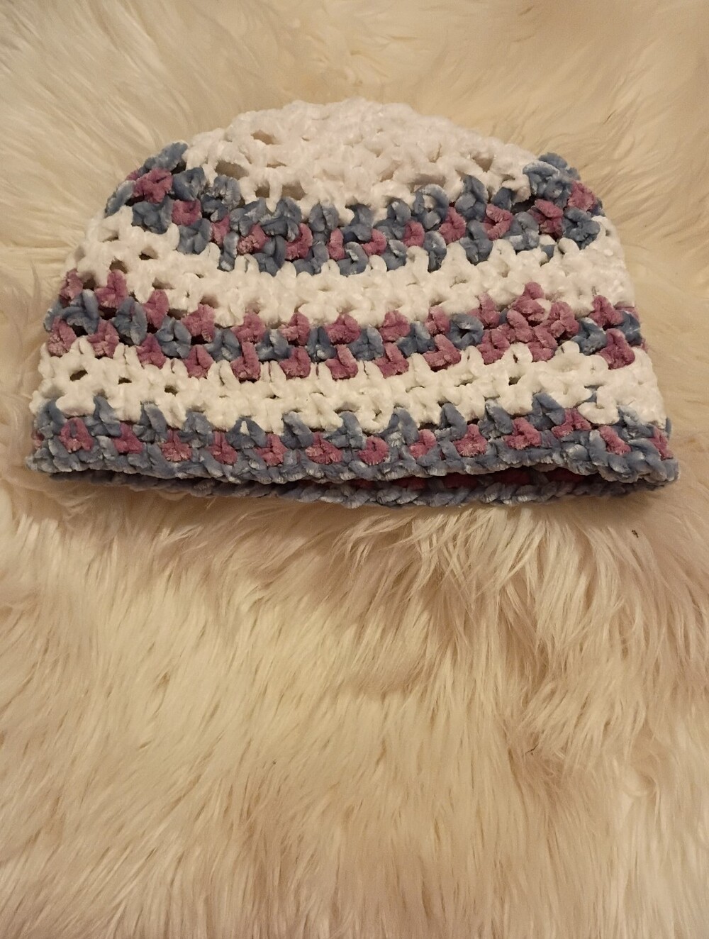 Handmade Crochet Beanie in White, Blue & Purple